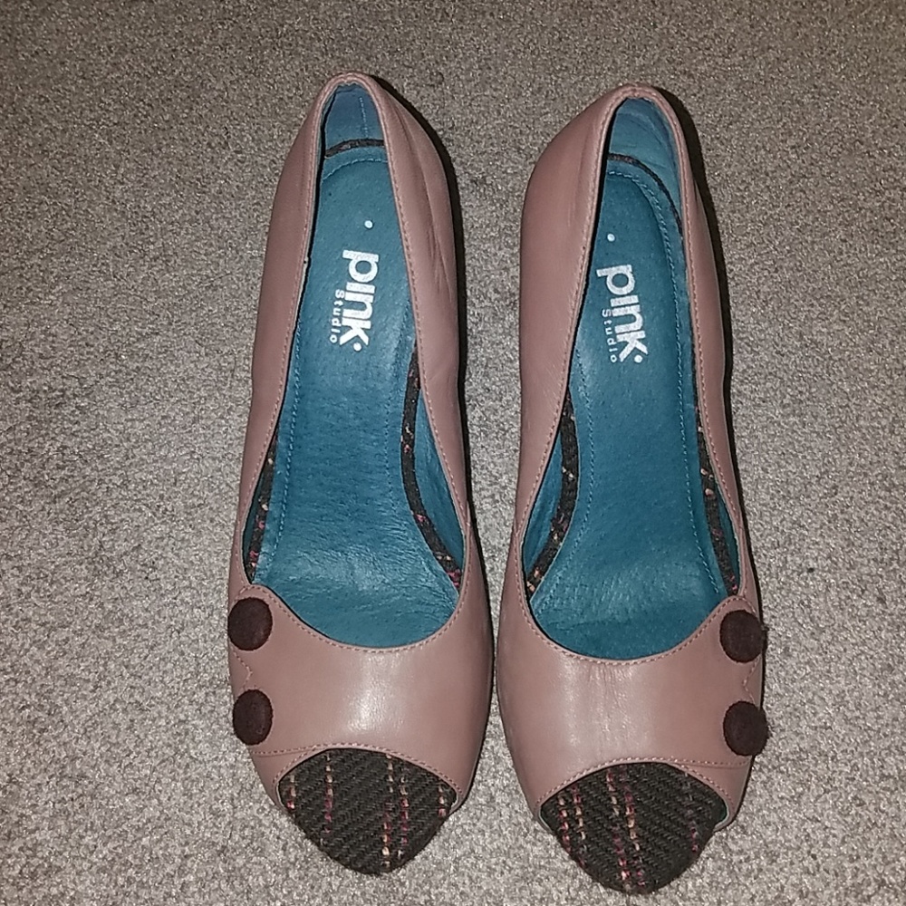Leather Pink studio peep toe wedges